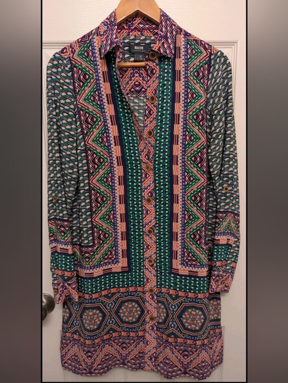 Anthropologie Maeve Casablanca Silk Shirt Dress Green Motif Size O